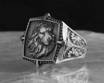 Handmade 925k Sterling Silver Lion Ring - Mens Animal Jewelry
