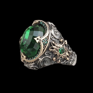 Men&#39;s Ring Turkish 925 Sterling Silver Handmade Jewelry Green Heavy Emerald Stone All Size