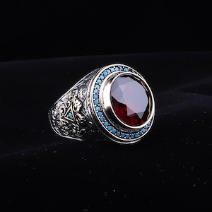 Ruby Turquoise Round Stone Sterling 925K Silver Men's Ring Turkish Handmade Jewelry All Size
