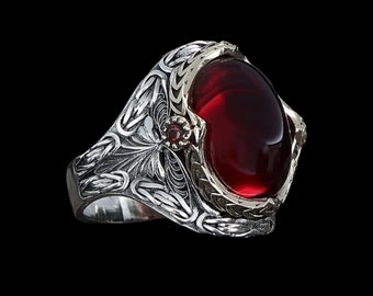Byzantine 925 Sterling Silver Men's Ring Turkish Handmade Jewelry Red Ruby Stone All Size