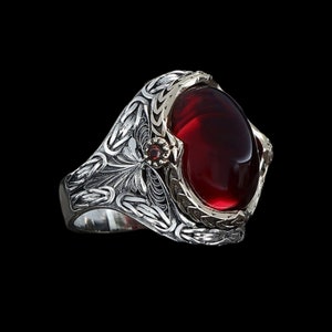 Byzantine 925 Sterling Silver Men's Ring Turkish Handmade Jewelry Red Ruby Stone All Size
