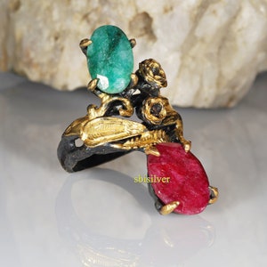 Natural Ruby and Emerald Stone Womens Woman Ring, Turkish Handmade Silver Wedding Anniversary Ladies Ring , 925 Sterling Silver Jewelry