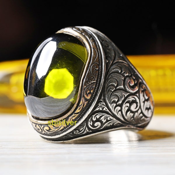 Turkish Peridot Stone Ring , Silver Green Ring , Oval Fashion Men's Ring , Men Handmade Ring , 925k Sterling Silver Ring , Gift For Him