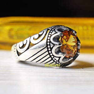 Handmade Sterling Silver Mens Ring: Vintage Ottoman Citrine Stone