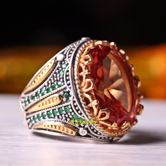 Ambre et pierre de citrine, bijoux turcs, bague homme en argent