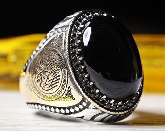 Bague islamique pour homme en argent sterling 925, bijoux turcs faits main, pierre d'onyx noir, toutes les tailles, cadeau d'anniversaire pour lui