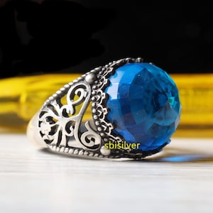 Aquamarine Blue Stone Ring: Turkish Handmade 925 Sterling Silver Mens Jewelry