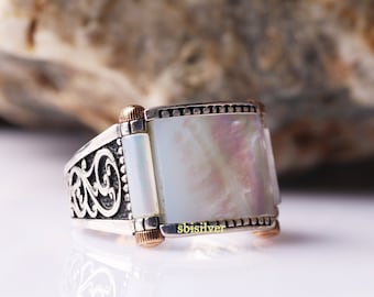 Rectangle Pearl Stone Men&#39;s Ring: Handmade 925k Sterling Silver Ottoman Style