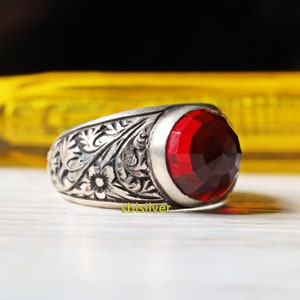 Handmade Sterling Silver Men&#39;s Ring: Turkish Ruby Red Stone