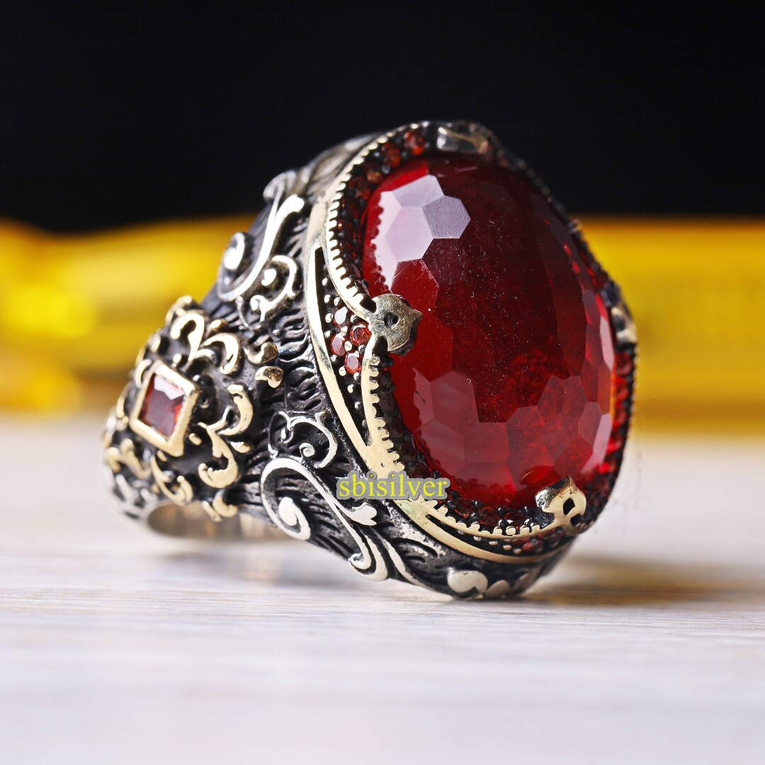 Ruby Stone Man Ring: Turkish Handmade 925k Sterling Silver Ottoman Ring ...