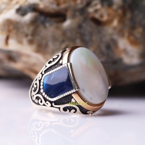 Ottoman Mens Ring: Handmade 925k Sterling Silver, Pearl White Stone