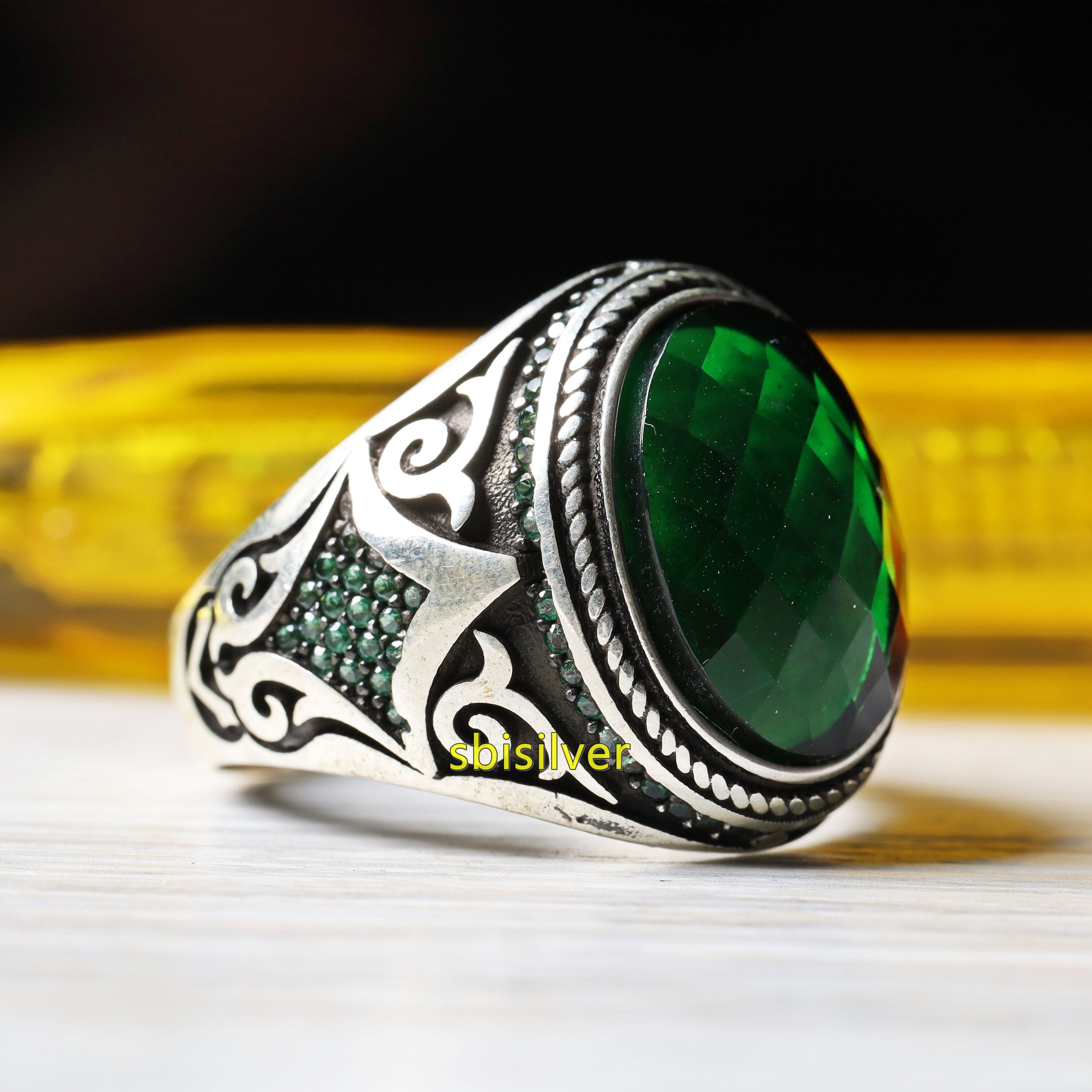 Emerald Stone Sterling Silver Men's Ring: Handmade Turkish Jewelry
