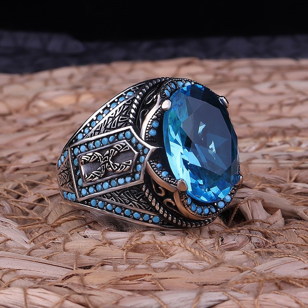 Turkish Men's Ring, 925 Sterling Silver Ring, Aquamarine Stone Ring ...