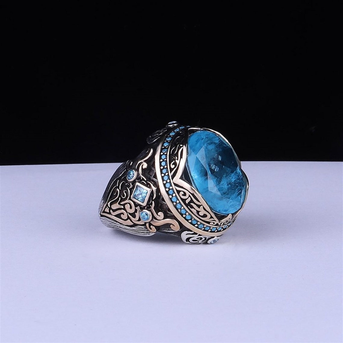 Sterling 925K Silver Men's Ring Turkish Handmade Jewelry Aquamarine ...