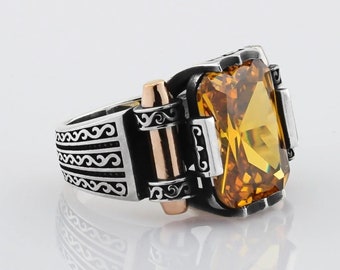 Sterling 925K Silver Men&#39;s Ring Turkish Handmade Jewelry Yellow Citrine Stone All Size