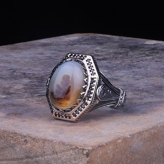 Bague agate du Yémen Aqeeq, bague pour homme turque, bague en