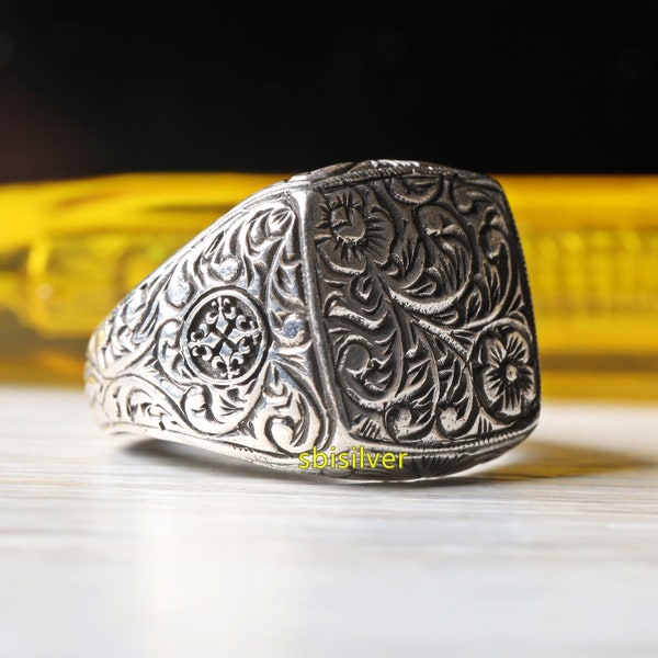 Solid Hand Engraved 925 Sterling Silver No Stone Gorgeous Mens Jewelry, Turkish Handmade Mans Ring, Gift for Husband, Anniversary Gift