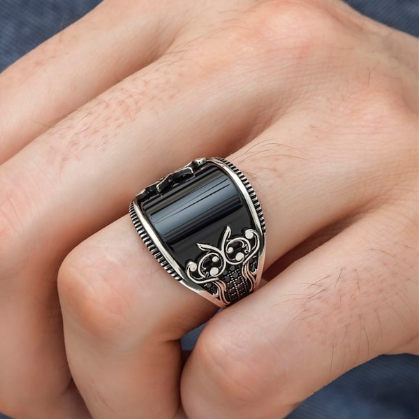 Onyx Men's Ring 925 Sterling Silver Turkish Handmade Jewelry Black Stone All Size Gift for men Usa