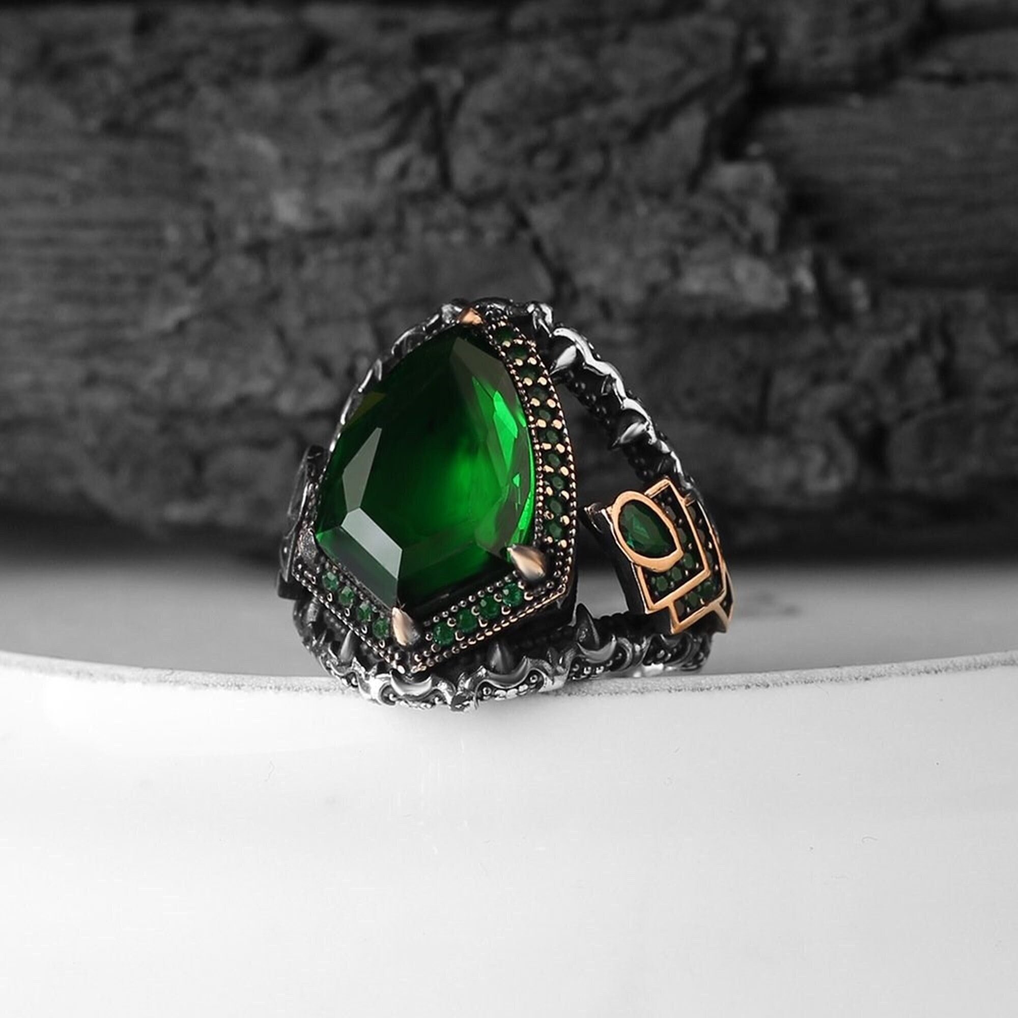 Emerald Stone Ring: Handmade 925 Sterling Silver Turkish Mens Jewelry