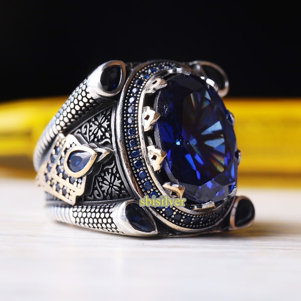 Turkish Handmade Silver,  Men Man Ring, Blue Sapphire Stone Ottoman Ring, Gift for Him Husband, 925k Sterling Silver Ring All Sizes