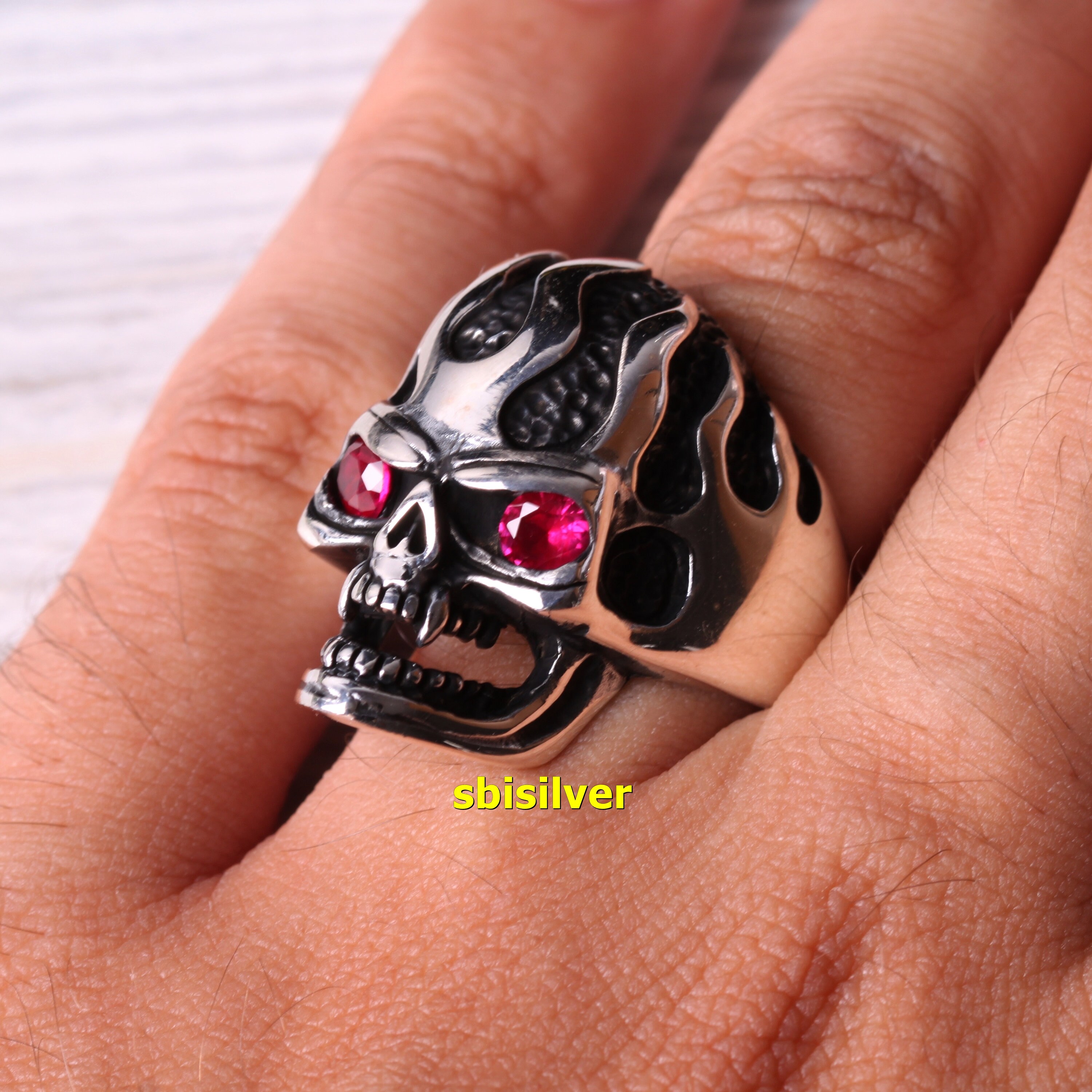 Turkish 925 Sterling Silver Skull Ring With Ruby Eyes - Gothic Biker Jewelry (All Sizes)