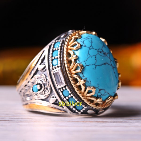 Veined Turquoise Stone , Turkish Jewelry Silver Men Ring Mens Handmade Ring,  Gift for Him, 925k Sterling Silver Ring All Sizes