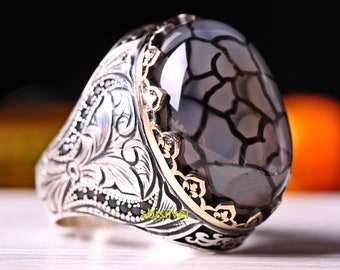 Yemen Agate Onyx Ring: Handmade 925k Sterling Silver Men&#39;s Ring