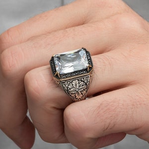 Turkish Handmade 925k Sterling Silver Mens Ring: White Zircon Stone