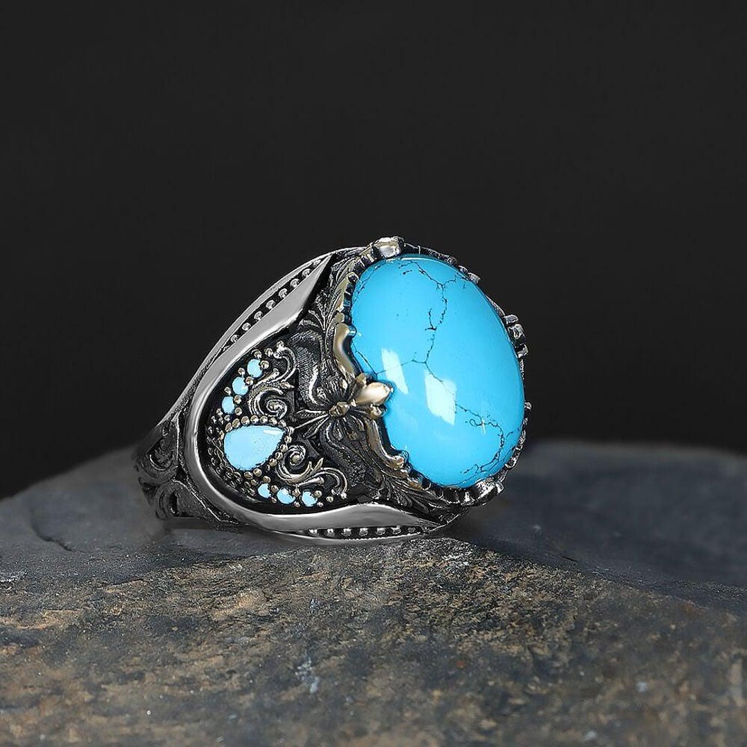 Handmade Turkish Turquoise Mens Ring: Square Stone 925 Sterling Silver ...