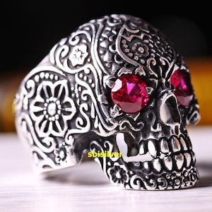 Sterling Silver Gothic Skull Ring: Handmade Ruby Stone Men&#39;s Ring