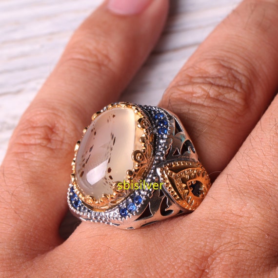 Ambre et Pierre Citrine, Bijoux turcs Bague Homme en Argent Homme