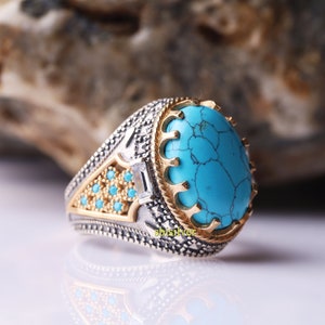 Handmade 925k Sterling Silver Mens Ring: Ottoman Blue Turquoise Stone