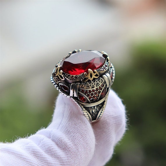 Bague homme faite main, bague rubis, bague homme turque faite main
