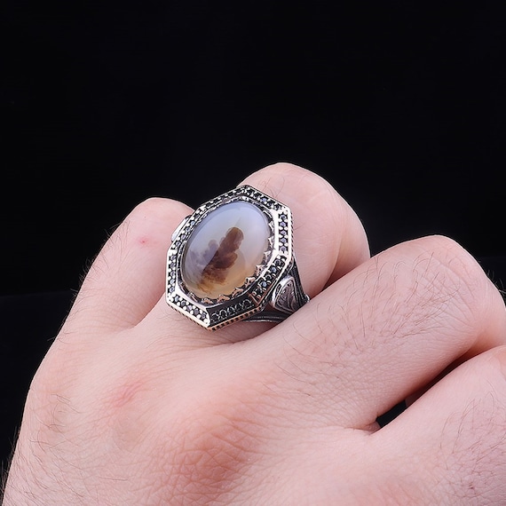 Yemen Agate Aqeeq Ring: Turkish Handmade 925 Sterling Silver Mens