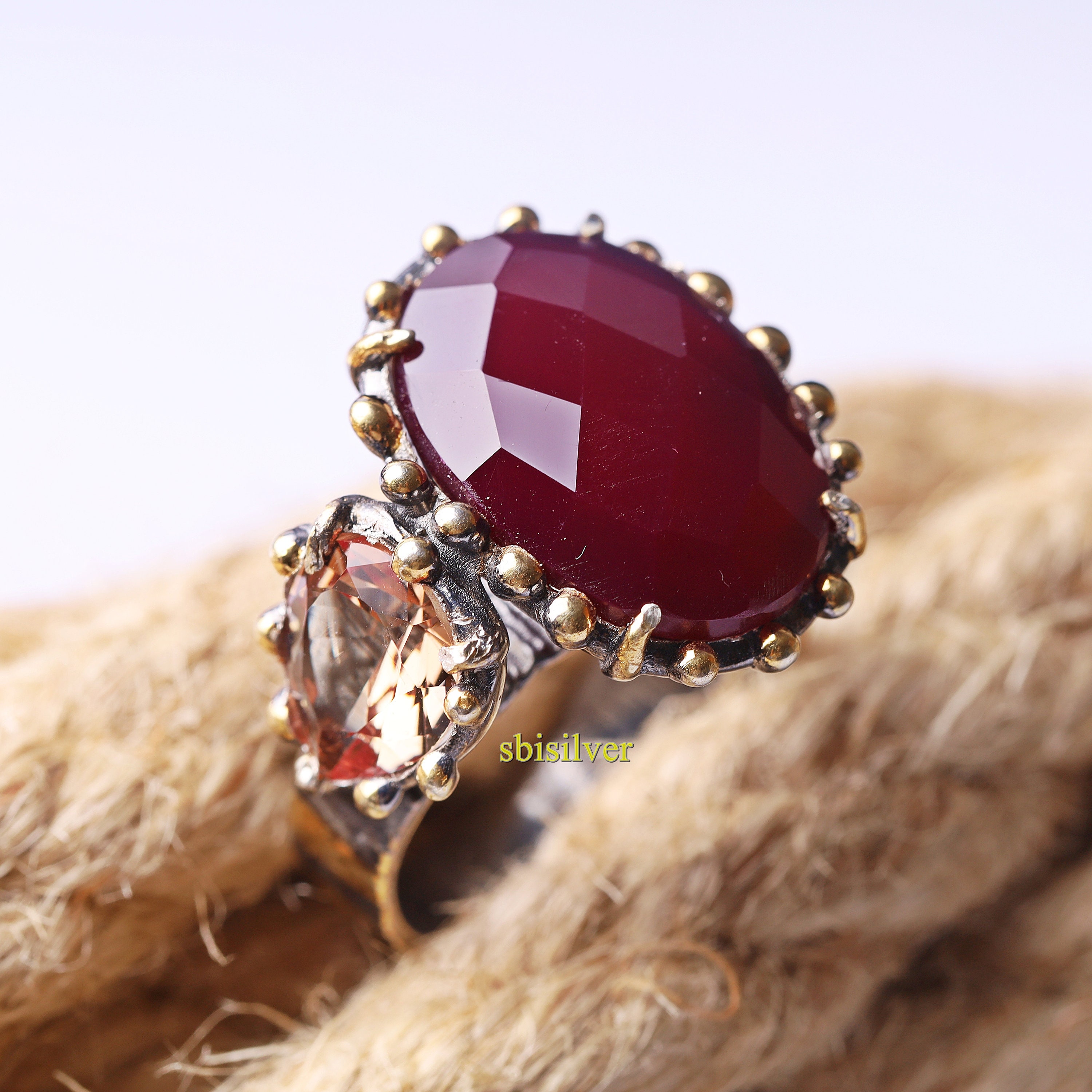 Ruby and Citrine Ring, Handmade Turkish Sterling Silver, Anniversary Gift