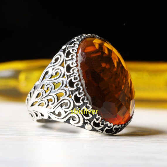 Handmade 925k Sterling Silver Men's Ring: Heavy Orange Citrine