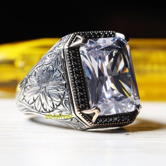 ハンドメイド925kスターリングシルバーメンズリング：トルコ産ジルコン 