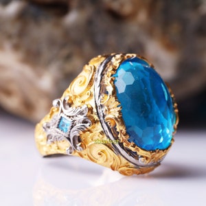 Luxury Aquamarine Gem Stone, Turkish Handmade Silver Men Ring , Ottoman Mens Ring,  Gift for Him, 925k Sterling Silver