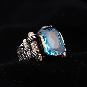 Aquamarine Stone Blue Sterling 925K Silver Men&#39;s Ring Turkish Handmade Jewelry All Size