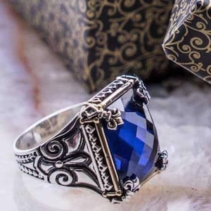 Ottoman Mens Ring: Handmade 925k Sterling Silver, Blue Sapphire