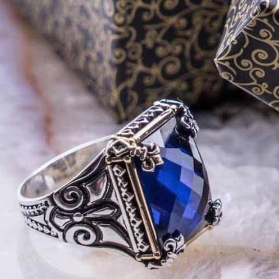 Bague ottomane pour homme argent sterling 925 fait main, saphir