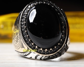 Islamic 925K Sterling Silver Men's Ring: Black Onyx Turkish