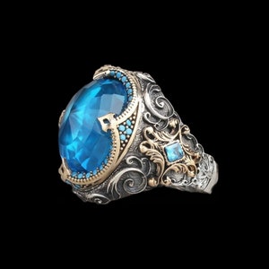 Anillo de hombre de plata de ley 925 turca, joyería hecha a mano, piedra de aguamarina azul, todas las tallas