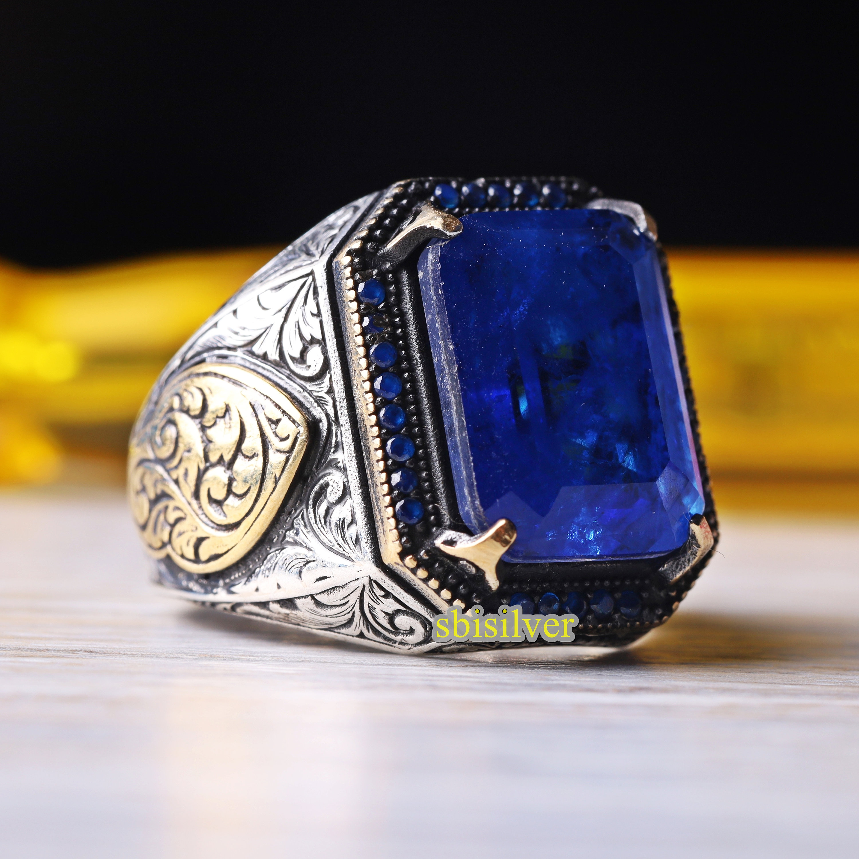 Blue Sapphire Stone Luxury Ring, Turkish Handmade Silver, Men Man Ring, Gift for Him Husband, 925k Sterling Silver Ring All Sizes