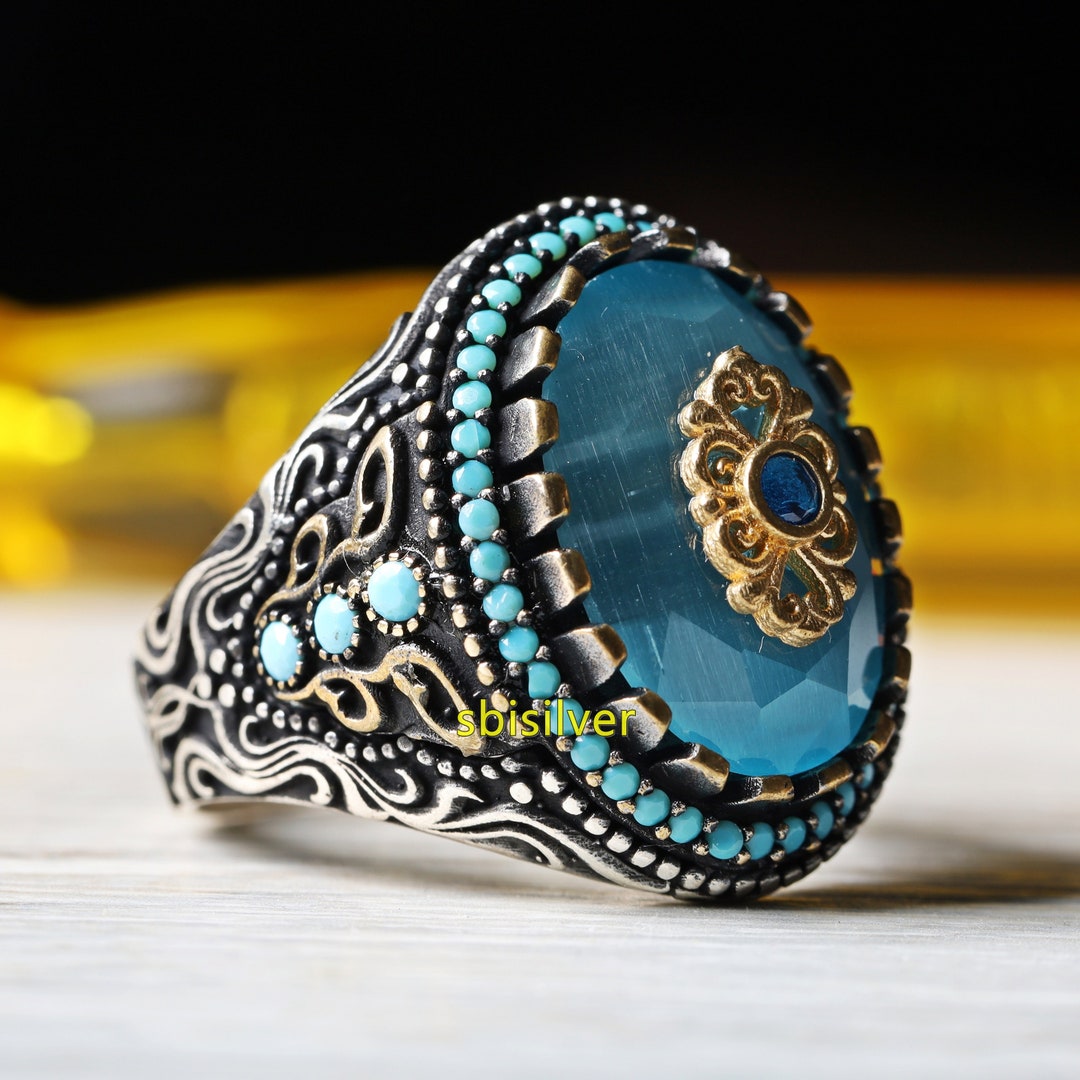 Turkish Jewelry Silver Men Ring Mens Handmade Aquamarine and Turquoise ...