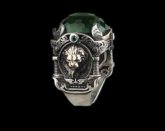 Sterling Silver Lion Ring: Gothic Emerald Green Stone Mens Jewelry