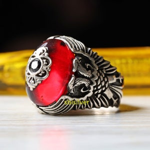 Eagle Sterling Silver Men&#39;s Ring: Red Ruby Turkish Jewelry