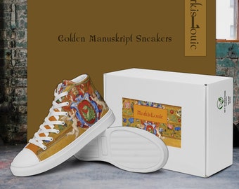 Men’s high top canvas sneakers streetwear causual lace up hi top padded collar shoes in the Golden Manuskript design series