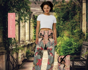 Wide leg pants unisex loose pants in all over print comfy trouser bottoms relaxing streetwear in the Cherry Blossom design series
