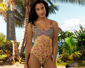 One peice swimsuit flattering womans bathing suit with a double layer front and Chlorine-resistant fabric in the Tree Of Life design series